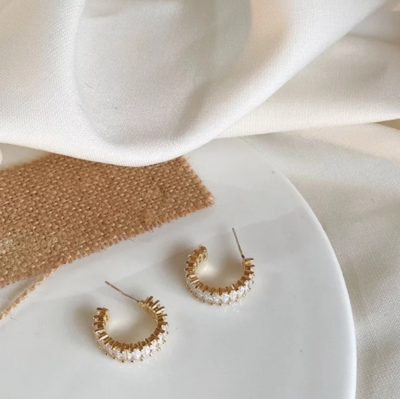 NEW Yellow Gold Baguette Small Diamond Hoops - Picture 6 of 8